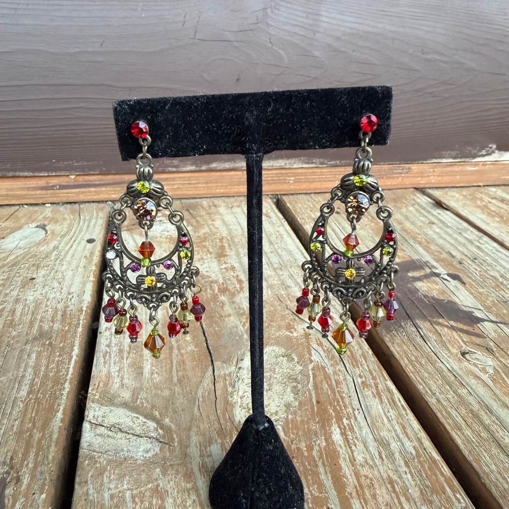 Boho Chandelier Earrings Antique Bronze Tone Faceted Beaded Dangle Ornate